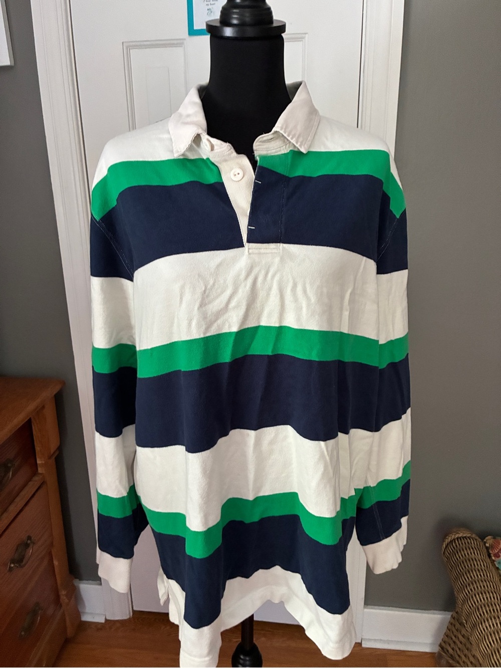 Vineyard Vines Long Sleeve Rugby Polo in Navy, Green & White